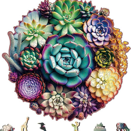 delobi Mandala Succulent Wooden Puzzles, 500 Pieces Jigsaw Puzzles 11.3'' x10.9'', Unique Design Liberty Wooden Puzzles for Adults and Kids, Family Game Gift Medium Size
