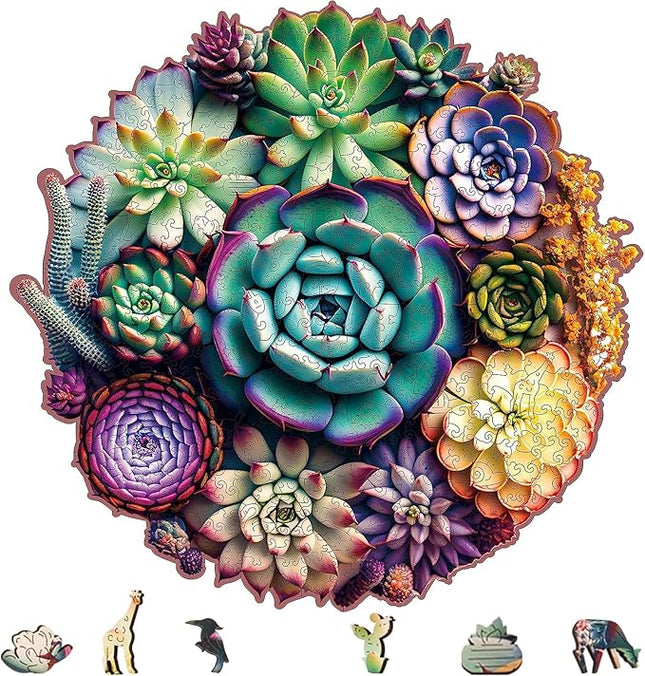 Wooden Jigsaw Puzzles - Mandala Succulent Plants, 100 Piece Luxurious Shaped Wooden Puzzles for Adults and Kids, Family Game, 7.7'' x 7.4''