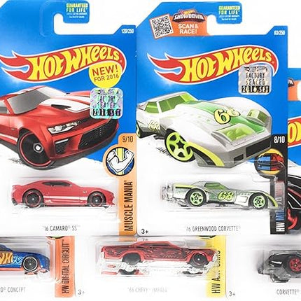 Hot Wheels Muscle Car Madness 5 Pack Random Diecast Bundle Set with Various Corvettes, Mustangs, Camaros, Chargers, GTO"s, Firebirds, Shelby, and More