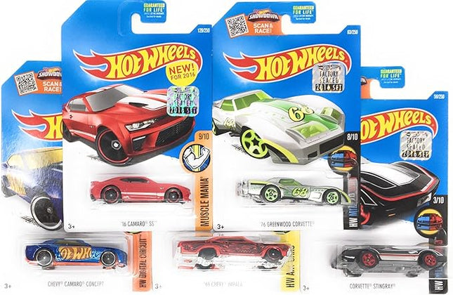 Hot Wheels Muscle Car Madness 5 Pack Random Diecast Bundle Set with Various Corvettes, Mustangs, Camaros, Chargers, GTO"s, Firebirds, Shelby, and More