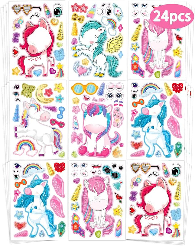 24 Pcs Make Your Own Unicorn Sticker Sheet, Unicorn Party Favors Face Stickers for Kids Girls Toddlers Crafts Activities Bags Birthday Party Favors Valentines Day Gifts for Kids Classroom