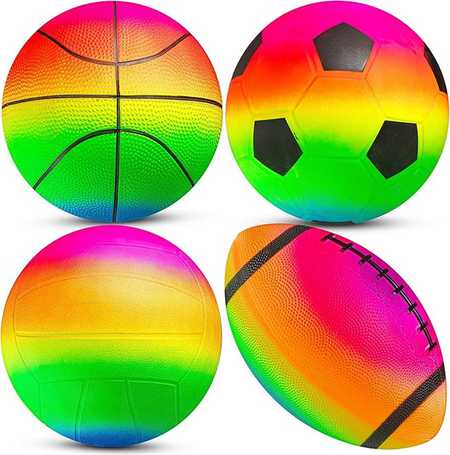 Sports Ball Set (4 Pack) - 5-Inch Rainbow Mini Basketball, Soccer, Football & Playground Balls w/Hand Pump - Fun Indoor Outdoor Toys for Toddlers, Little Kids, Preschoolers & Early Play