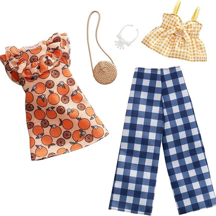 Barbie Clothes - 2 Outfits Doll Include a Dress, Top and Pants with Checked Prints, Gift for 3 to 8 Year Olds