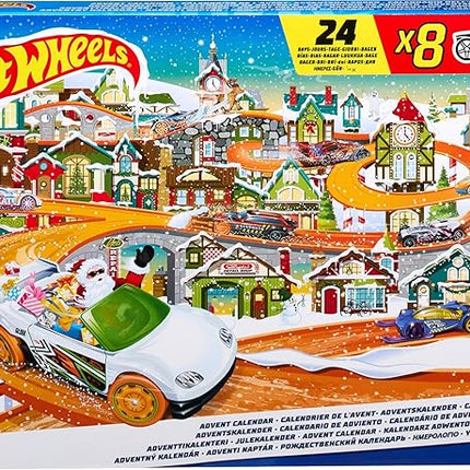 Hot Wheels Toy Car Set, 2023 Advent Calendar with 8 1:64 Scale Vehicles, 16 Accessories & Playmat for Kids & Collectors