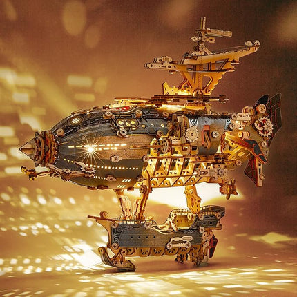 LED 3D Wood Puzzle Fantasy Airship Model - Steampunk DIY Craft Kit with LED Lights – Intricate Wooden Airship Model Building Set for Teens and Adults(Gray)
