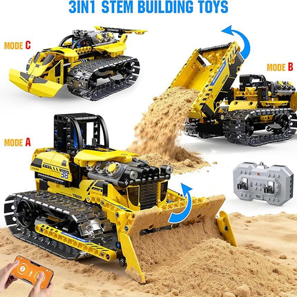 zinat 3 in 1 STEM Remote Control Bulldozer Building Set, DIY Engineering Construction Kit with APP & Remote, Educational Robot Blocks Toy, Birthday for Kids Teens Adults - 452 Pcs