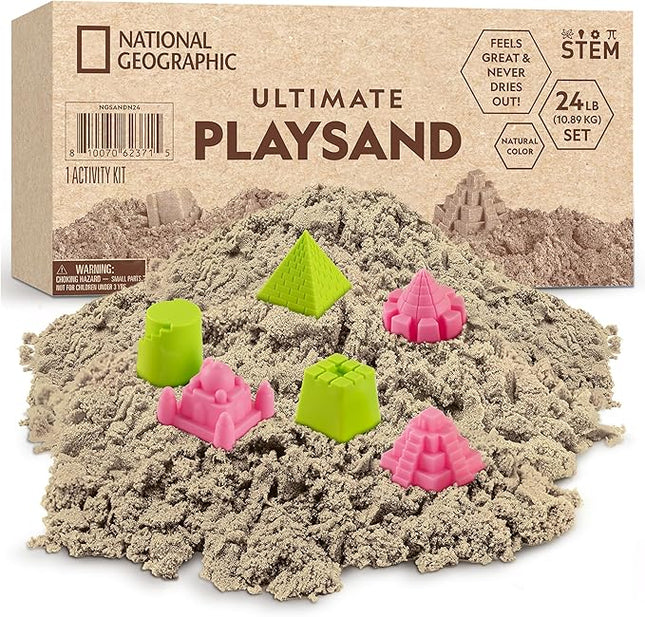 Blue Marble National Geographic Play Sand - 24 Lb. Bulk Sand Kit with 6 Castle Molds (Natural) - A Fun Sensory Activity