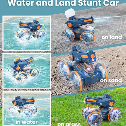 Amphibious Remote Control Car - Stunt Toy for Kids Ages 6-8-12, Water & Land 4WD with Gesture Sensing, Lights, Waterproof, Rotation, Beach & Pool Fun, Idea for Boys