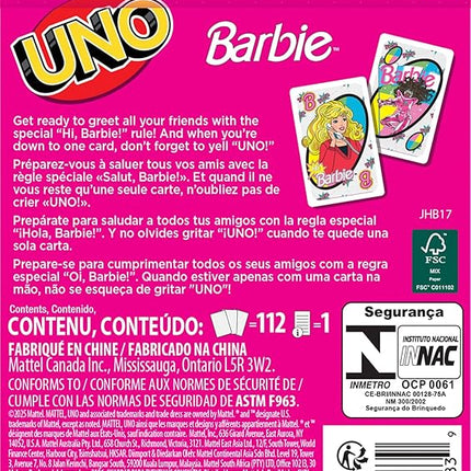 Mattel Games UNO Barbie Card Game with Special “Hi, Barbie!” Rule for Kids, Adults & Family Nights, Game Nights, Travel, Camping & Parties.