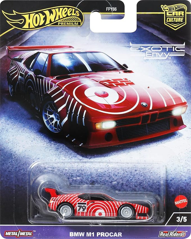 Hot Wheels Premium Car Culture Circuit Legends Toy Vehicle, 1:64 Scale Die-Cast BMW M1 Procar, Exotic Envy, Real Riders Tires, Metal/Metal Chassis