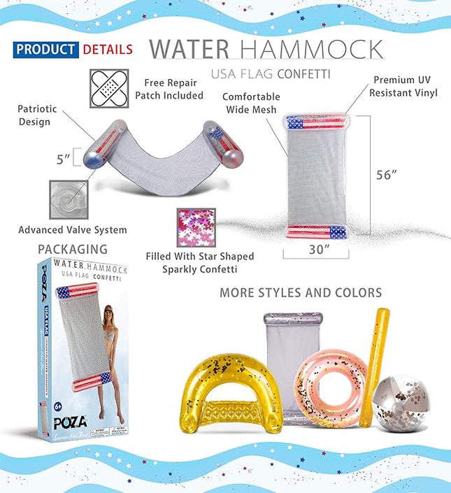 POZA Inflatable USA Pool Float - Luxurious Fun Lounger Filled with Sparkle Silver Stars Confetti, Cool USA Flag Design Water Swimming Pool Floaties for Beach, Lake & Pool