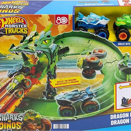 Hot Wheels Toy Monster Trucks, Sharks vs. Dinos Dragon Destruction Playset with 1:64 Scale Great Bite & Rageasaur, Race to Defeat The Cyborg Nemesis