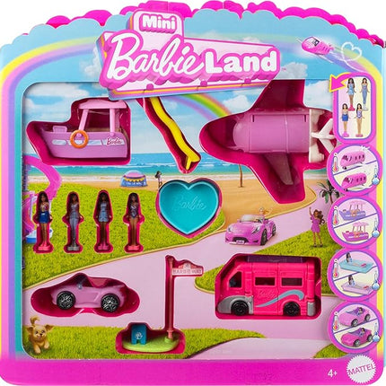 Barbie Mini BarbieLand Multi-Pack Doll & Toy Vehicle Set with 4 Dolls 1.5-inches Tall & 4 Iconic Vehicles with Color-Change Surprise