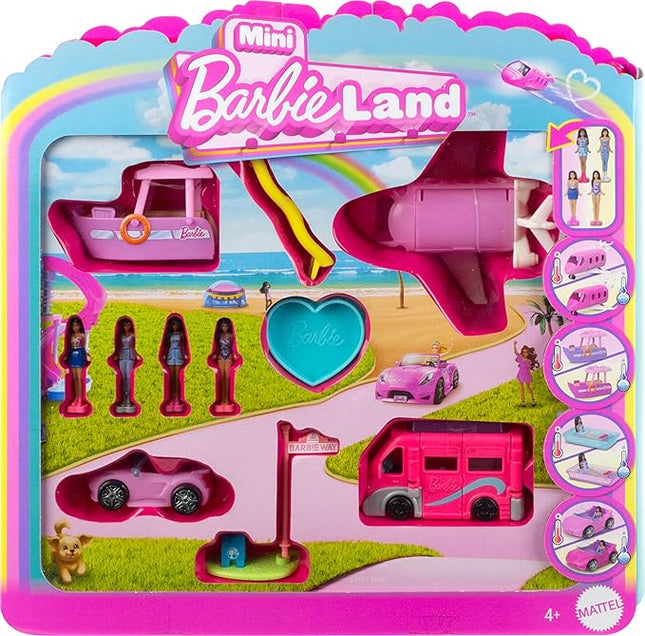 Barbie Mini BarbieLand Multi-Pack Doll & Toy Vehicle Set with 4 Dolls 1.5-inches Tall & 4 Iconic Vehicles with Color-Change Surprise