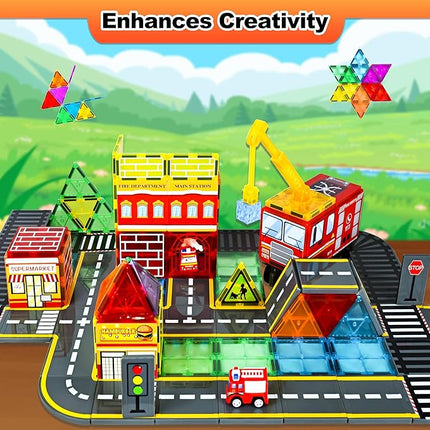 Magnetic Tiles Road Set with Fire Truck Magnetic Crane, Creative Construction Toys for Kids Ages 3-12, Boys & Girls, Fire Rescue Station and Engineering Themed Magnetic Building Blocks