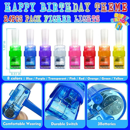 24PCS Happy Birthday Party Favors-LED Finger Lights：Glow-in-the-Dark Light-Up Toys Bulk for Kids,Colorful Birthday Theme Birthday Party Decorations Supplies,Goodie Bags, Classroom Prizes, Fun Gifts