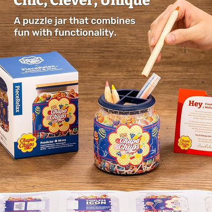 Chupa Chups X PieceRelax 3D Puzzle Jar 96 Plastic Pieces for Adults - Timeless Memories - Pop Energy M Use Includes Divider as Pen and Utensils Holder with Wooden Lid for Kitchen Dining Study [BB1043]