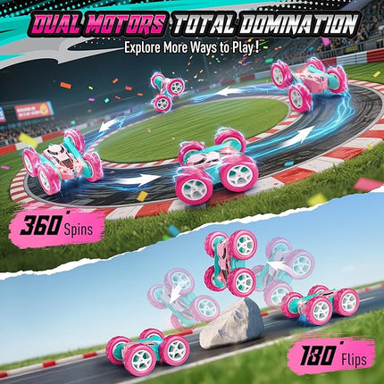 Pink RC Car for Girls, 360° Spinning Stunt Remote Control Vehicle with Lights, Upgraded 4WD Toy Rechargeable via USB-C, 2.4GHz Fast Electric Gift for Girls Age 6+ (Pink)