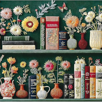 Blueforest 1000 Piece Jigsaw Puzzles for Adults, Unique 3D Embroidery-Style Floral & Vintage Bookshelf Art Puzzle, Challenging Fun Adult Puzzles for Relaxation 27.5x19.7 Inch