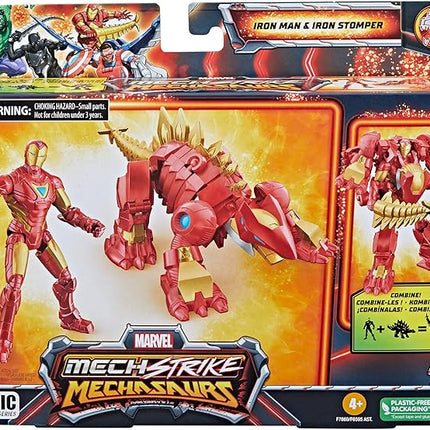 Marvel Mech Strike Mechasaurs, 4-Inch Iron Man with Iron Stomper Mechasaur Action Figures, Super Hero Toys for Kids Ages 4 and Up