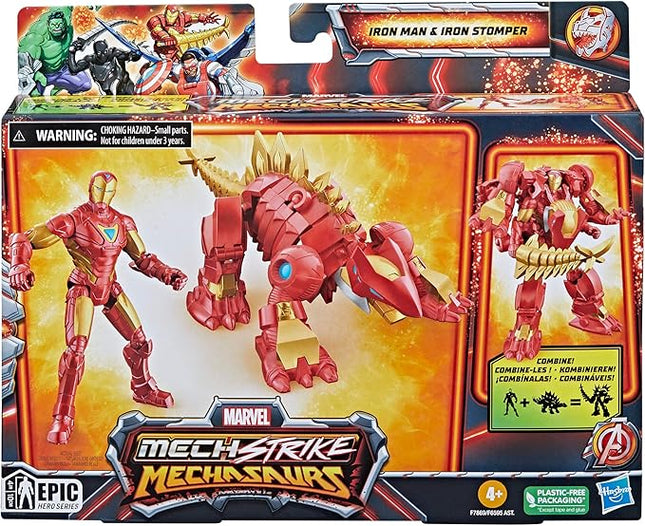 Marvel Mech Strike Mechasaurs, 4-Inch Iron Man with Iron Stomper Mechasaur Action Figures, Super Hero Toys for Kids Ages 4 and Up