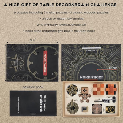 9PCS IQ Puzzle Box Set - Metal & Wood Brain Teaser Games, Decryption Lock Toys for Adults & Teens. Ideal Gift for Christmas, Valentine's Day, Birthday, Anniversary & Family Party Game