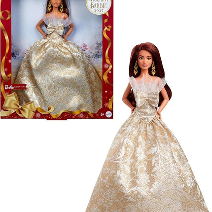 Barbie Signature 2025 Holiday Dark Brown Hair Fashion Doll Wearing Silver & Gold Gown, Seasonal Collector in Displayable Packaging & Stand