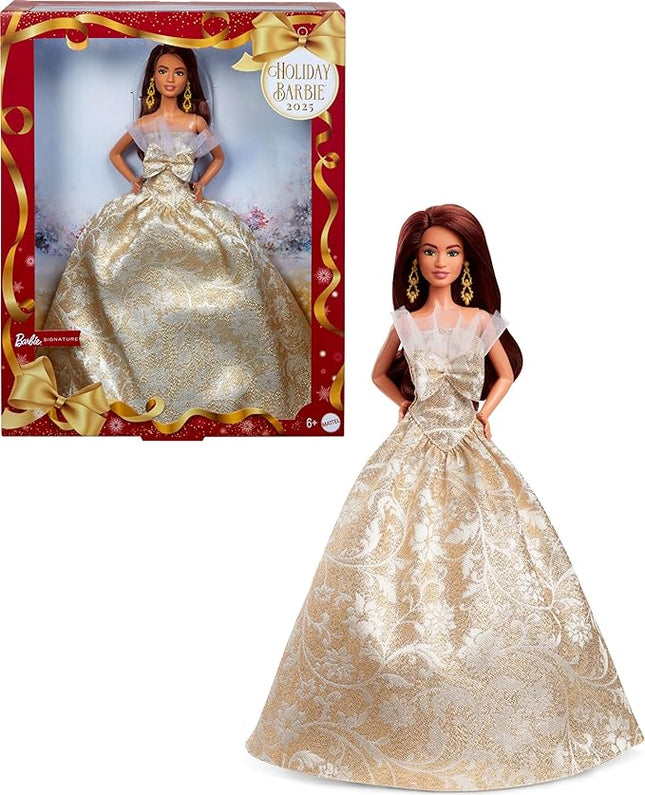 Barbie Signature 2025 Holiday Dark Brown Hair Fashion Doll Wearing Silver & Gold Gown, Seasonal Collector in Displayable Packaging & Stand