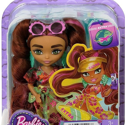 Barbie Extra Fly Minis Travel Doll, Beach Look with Pink-Streaked Pigtails in Swimsuit, Sarong & Accessories