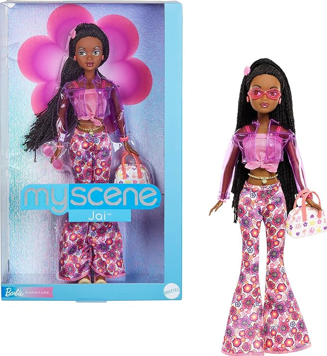 Barbie Signature My Scene Jai Doll and Accessories, Black Braids, Y2K-Inspired Outfit with Pink Top, Vinyl Jacket, Floral Flare Pants and Doll Stand