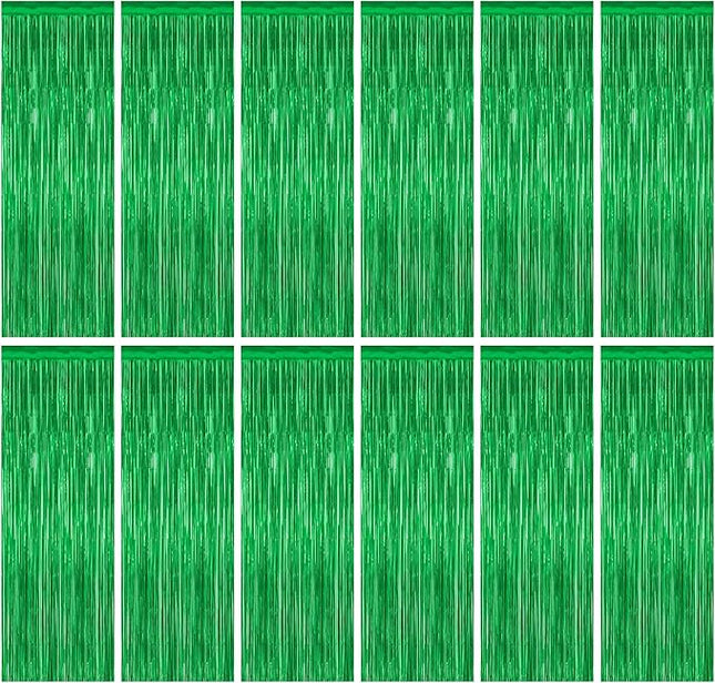 12 Pack Party Decorations, 3.28 FT x 7.05 FT Green Streamer, Metallic Birthday Backdrop Foil Fringe Curtains Green Tinsel, Party Supplies Photo Booth Props Door Wall Indoor Decor