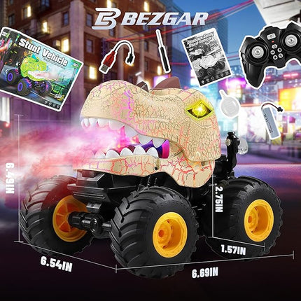BEZGAR Monster Truck Toys - Remote Control Monster Truck with Spray, Light, Music, Dinosaur Toys for Kids, 1:20 Scale RC Truck with 360° Spins and Drifting, Remote Control Car for Boys 4-7 Golden