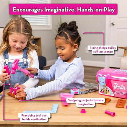 Barbie Tool Box Playset – 18 Piece Deluxe Tool Set, Pretend Play Construction Tools with Tape Measure, Girls Pink Tool Box with Handle, Perfect Preschool Role Play Toy for Kids