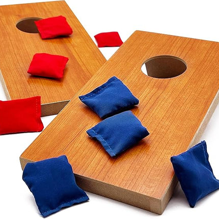 Super Fun, Portable Mini Desktop Cornhole Set of 2. Coated Wood Boards with 4 Red 4 Blue Bags. Gift for Students, Office Employees or Work from Home. Simple Easy Tabletop Game for Groups or Solo!
