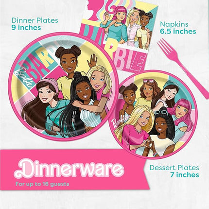 Barbie Birthday Party Decorations | Barbie Party Decorations | Serves 16 Guests | Balloons, Banner, Tablecover, Plates, Napkins, Button | Officially Licensed