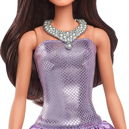 Barbie Fashionistas Doll #234 with Brown Hair, Wearing Sequined Purple Bubble Dress with Satiny Skirt, Silvery Necklace and Heels