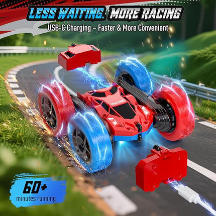 Remote Control Stunt Car for Boys, Upgraded 4WD 360° Rotating Racer with Lights, USB-C Rechargeable RC Toy Car 2.4GHz High-Speed for Kids Ages 6+ (Red-Blue)