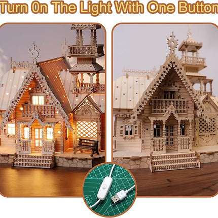 Vintage Villa 3D Wooden Puzzle,Building Kits for Adults and Teens,Educational Brain Teaser Assembly Model with LED Lights,Skill Building and Creative Fun