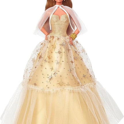 Barbie Signature 2023 Holiday Doll, Light Brown Hair Wearing Golden Gown, Collectible with Doll Stand & Certificate of Authenticity