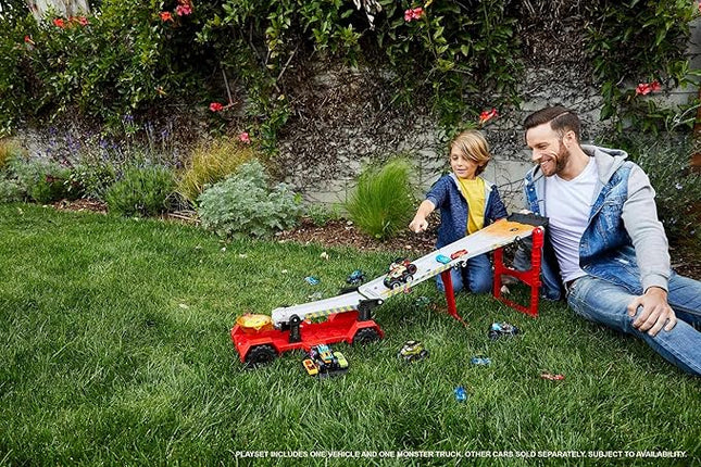 Hot Wheels Monster Trucks Playset, Toy Truck & Car, Down Hill Race & Go with 1:64 Scale Bone Shaker & 1:64 Scale Vehicle