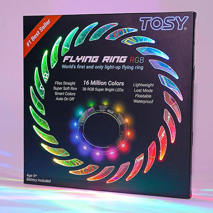 TOSY Flying Ring - 16 Million Color RGB or 12 LEDs, Super Bright, Lost Mode, Auto Light Up, Camping Essentials for Kids/Teens/Boy/Girl, Safe & Soft, Waterproof, Pool/Beach Games, Lightweight Toy