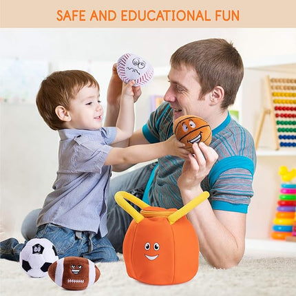 Plush Creations Talking Sports Plush Bag with 4 Talking Soft Plush Balls. Sport Set Includes Plush Sports Bag Plush Basketball Plush Baseball Plush Soccer Ball and Plush Football