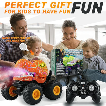 BEZGAR Monster Truck Toys - Remote Control Monster Truck with Spray, Light, Music, Dinosaur Toys for Kids, 1:20 Scale RC Truck with 360° Spins and Drifting, Remote Control Car for Boys 4-7 Orange