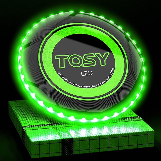 TOSY Flying Disc - 36 Mono-Color LEDs, Extremely Bright, Smart Modes, Camping Essentials for Teens/Kids/Adults/Men/Boys/Girls, Auto Light Up, Rechargeable, Waterproof, 175g