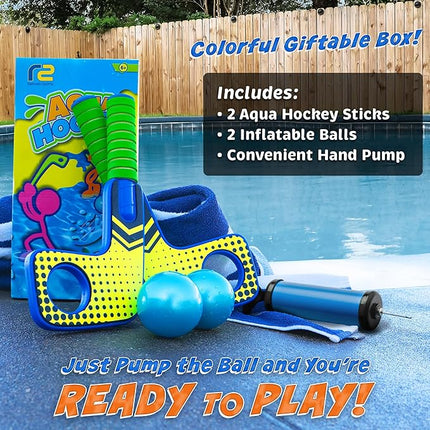 Fun Mini Hockey Sticks Game - Play at the Pool & Beach or in Home - For Kids & Adults All Ages - Use The Floating Soft Paddles to Shoot the Water Skipping Balls - Comes With 2 Sticks & 2 Balls