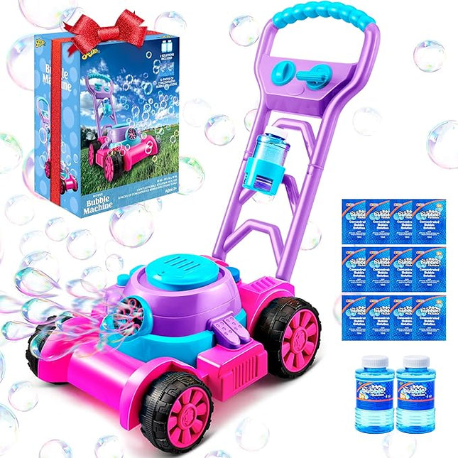 SLOOSH Bubble Lawn Mower Toddler Toys - Spill-Proof Bubble Machine Pretend Gardening Toy for Age 1 2 3 1-3 Year Old Toddler Indoor Outdoor Use, Baby Girl Push Toys New Year Birthday Gift (Pink)
