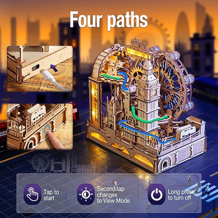 ROKR Marble Travel London, 3D Wooden Puzzles for Adults, Marble Run Kit Adults to Build, 3D Wooden Puzzle with LED, Unique Gift for Men Women