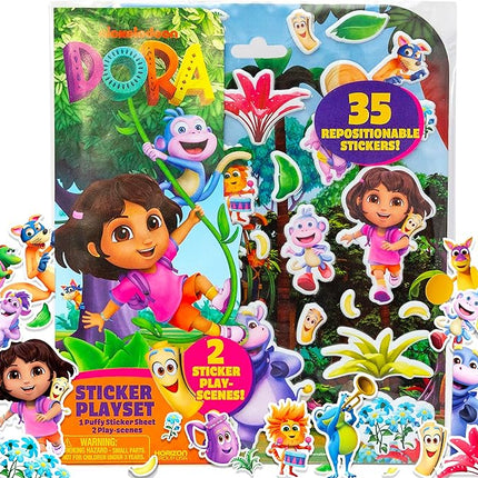 Dora Puffy Sticker Playset, 35 Reusable Stickers and 2 Play Scenes, Fun Kids Activities, Toddler Toys, Road Trip Essentials, Gifts for 4 Year Old Girl, Mess Free Airplane Toy for Little Ones