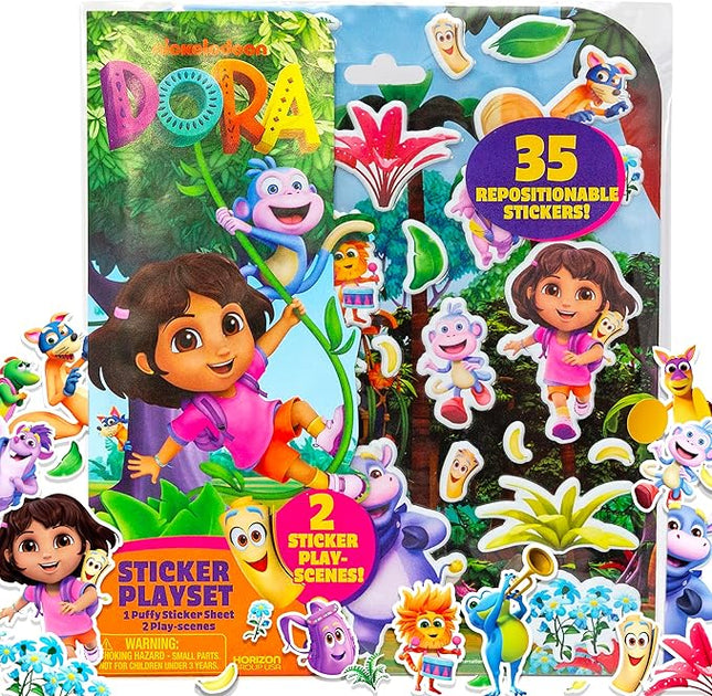 Dora Puffy Sticker Playset, 35 Reusable Stickers and 2 Play Scenes, Fun Kids Activities, Toddler Toys, Road Trip Essentials, Gifts for 4 Year Old Girl, Mess Free Airplane Toy for Little Ones