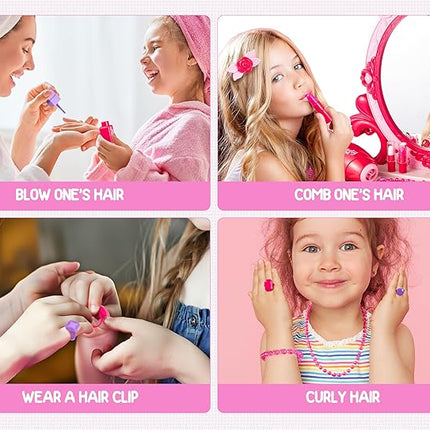 Toddler Vanity Makeup Table Toy with Mirror&Chair，Kids Vanity Set with Light&Music、Pretend Play Makeup Accessories with Hair Dryer Toy，Gift for Girls and Toddlers2 3 4 5 6Years Old